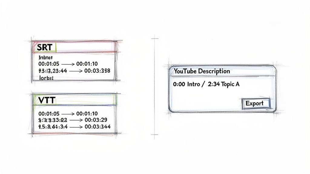 Sketches of interfaces for converting video timecodes between SRT, VTT, and YouTube description formats.