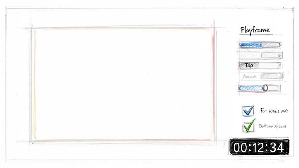 A hand-drawn sketch of a video playframe user interface with sliders, checkboxes, and a time stamp.