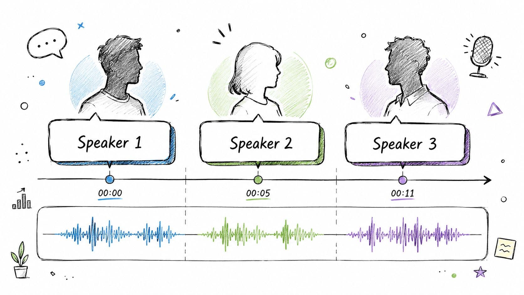 A hand-drawn infographic depicting audio diarization with three distinct speakers, timestamps, and corresponding waveform visualizations.