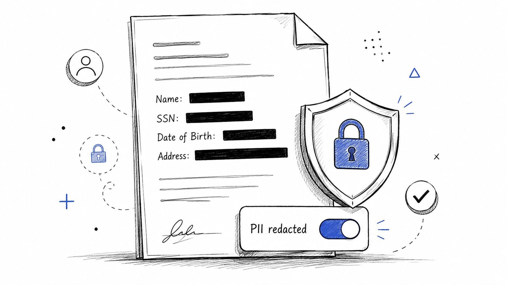 A document with redacted personal information protected by a shield icon and a privacy toggle switch.