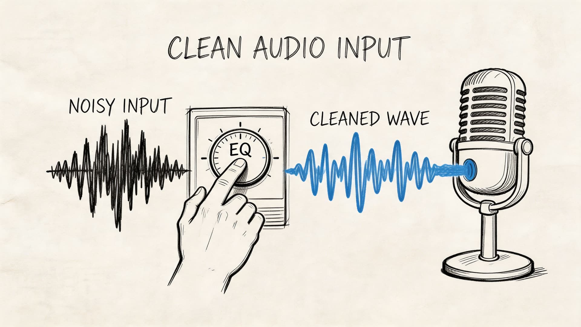 A hand adjusts an equalizer knob to transform a noisy audio waveform into a clean sound wave.