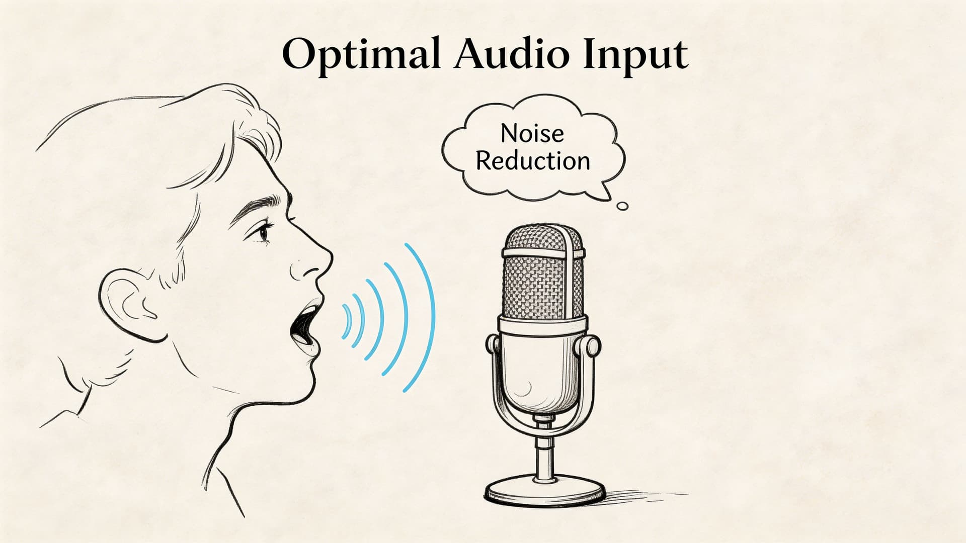 A line drawing illustration showing a person speaking into a vintage-style microphone with noise reduction labels.