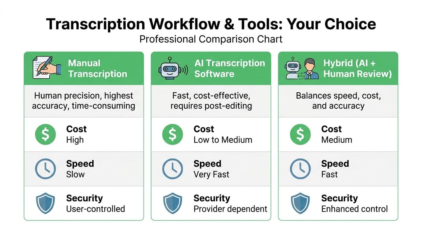A comparison chart outlining the pros and cons of manual, AI, and hybrid transcription methods.