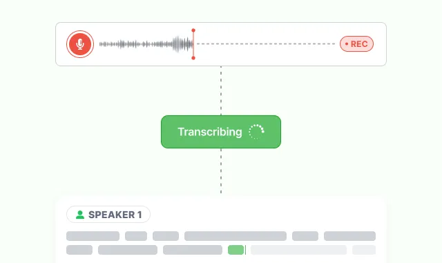 A recording still rolling above a Transcribing spinner, with the first speaker's turn already written out below
