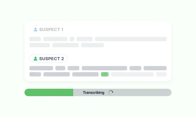 A transcript filling in under two speaker labels while a progress bar beneath it reads Transcribing