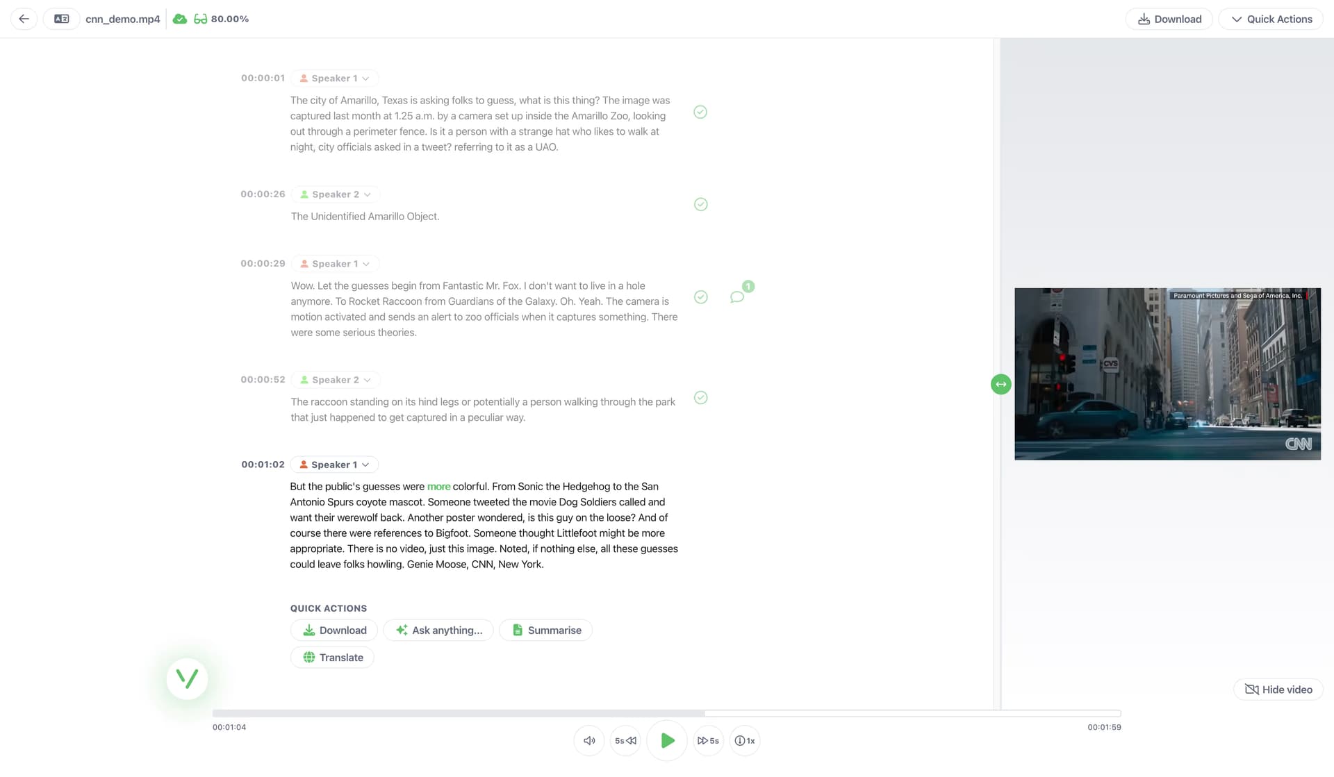 A finished transcript in the Vatis Tech editor, split into timestamped speaker turns beside the source video