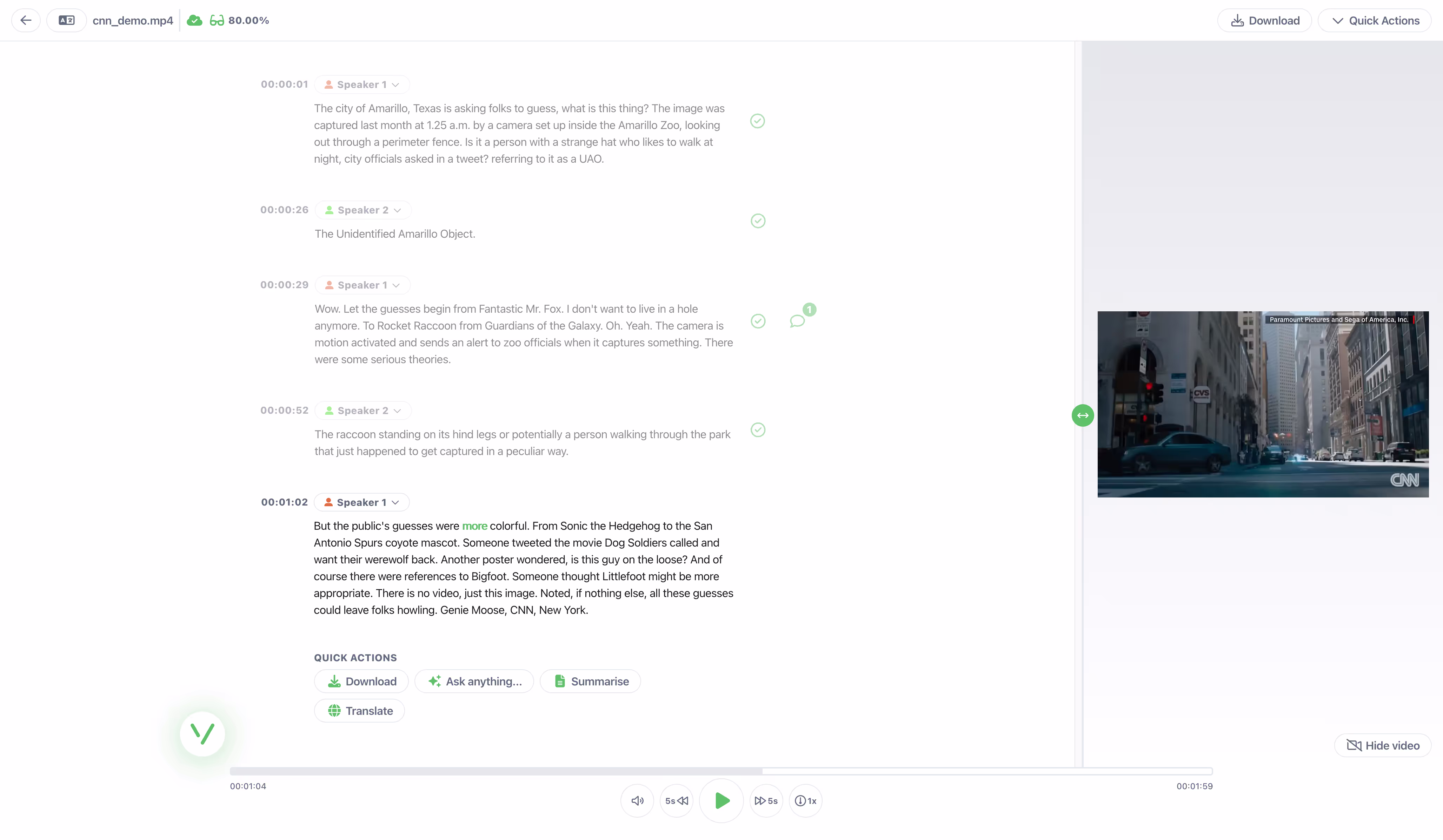 A finished transcript in the Vatis Tech editor, split into timestamped speaker turns beside the source video