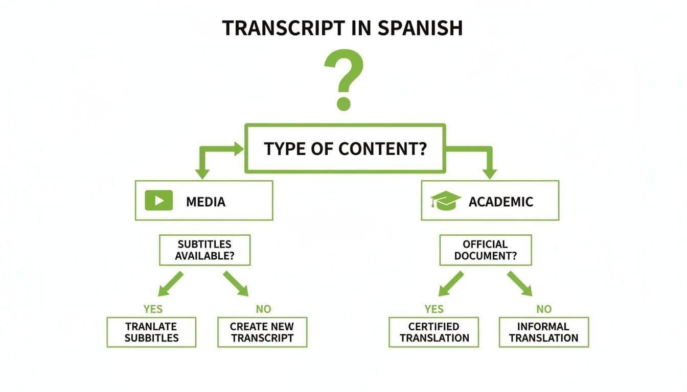 Flowchart detailing options for Spanish transcription and translation, categorized by media or academic content.