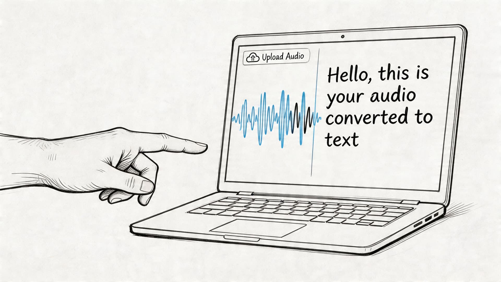 A hand pointing at a laptop screen displaying a sound wave and the text 'Hello, this is your audio converted to text'.
