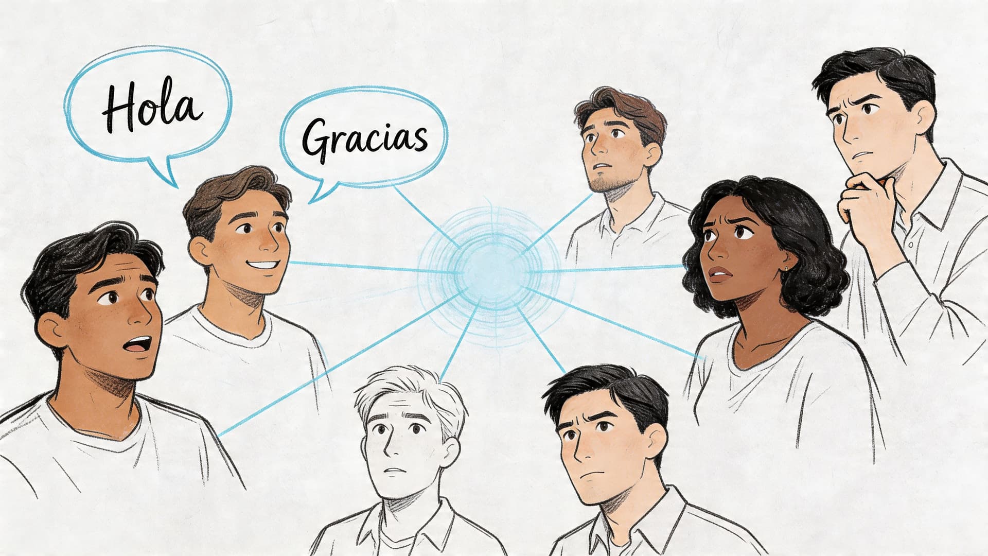 A group of diverse people looking at a glowing light, connected by blue lines with speech bubbles.