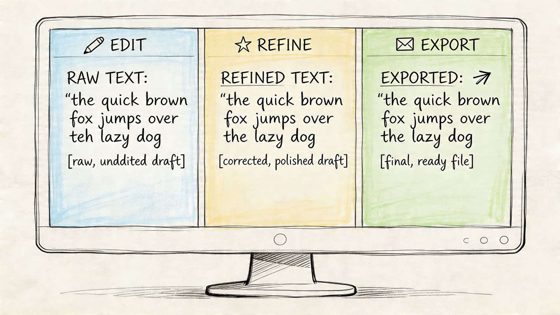 A hand-drawn illustration on a computer screen showing the three-step workflow of edit, refine, and export.