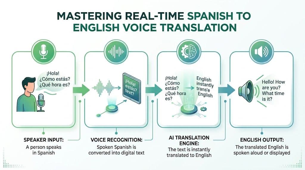 A diagram illustrating the four steps of real-time Spanish to English voice translation technology, from input to output.