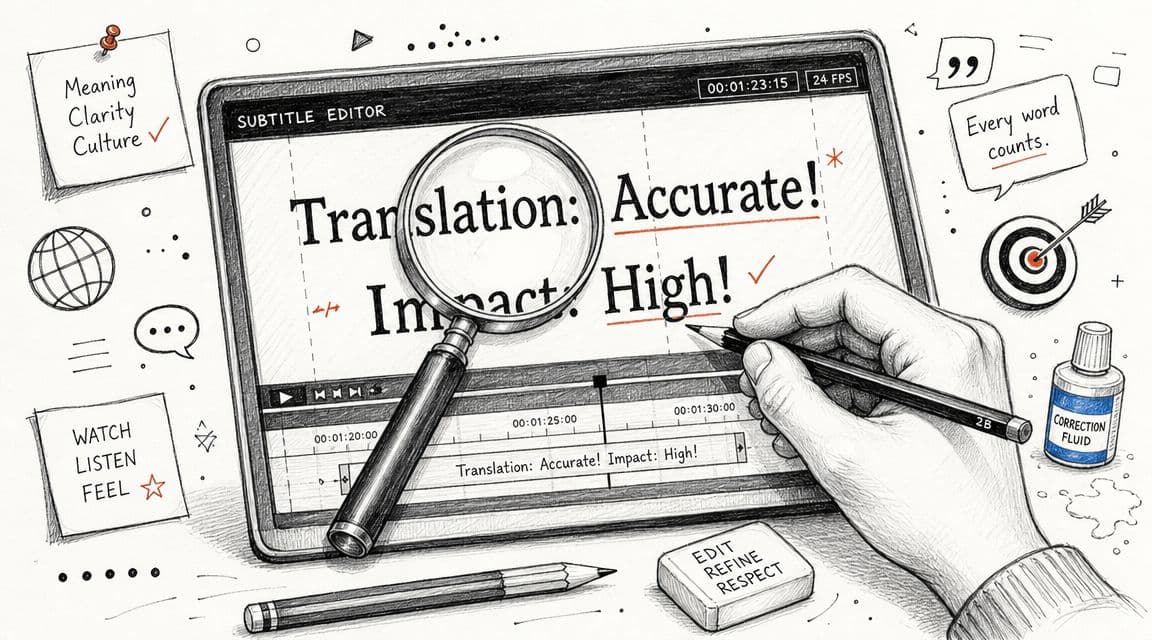 A hand editing subtitles on a digital screen, emphasizing accurate translation and high impact with office tools.