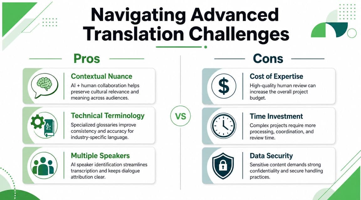 A comparison chart showing the pros and cons of using advanced technology for professional translation services.