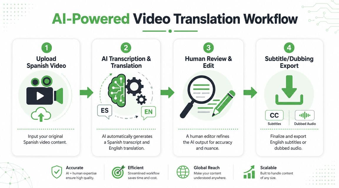 A flowchart showing the four-step AI-powered process to translate a Spanish video into English with subtitles.