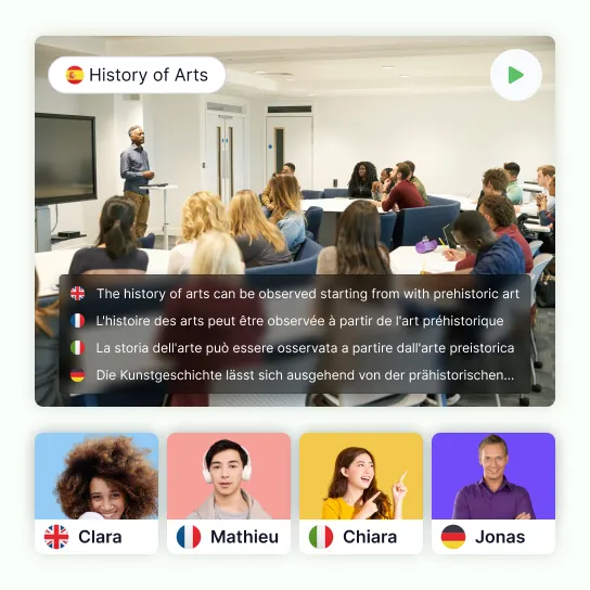A History of Arts recording captioned in English, French, Italian and German at once, with a student's face card under each flag