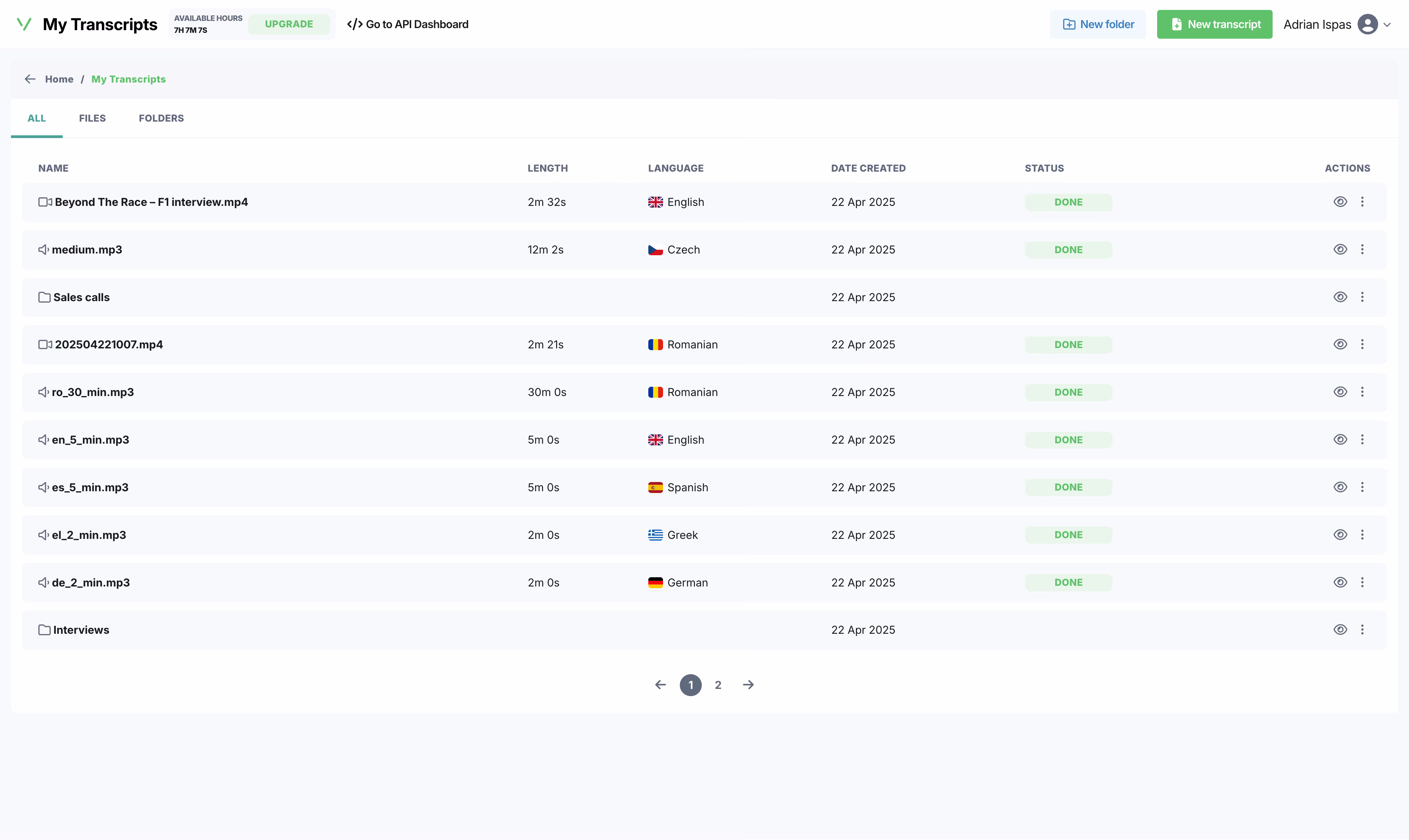 The Vatis Tech transcript library, listing uploaded audio and video files with their length, language and status