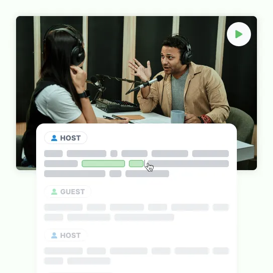 Two hosts at their microphones above a transcript split into host and guest turns, with a cursor selecting words mid-line