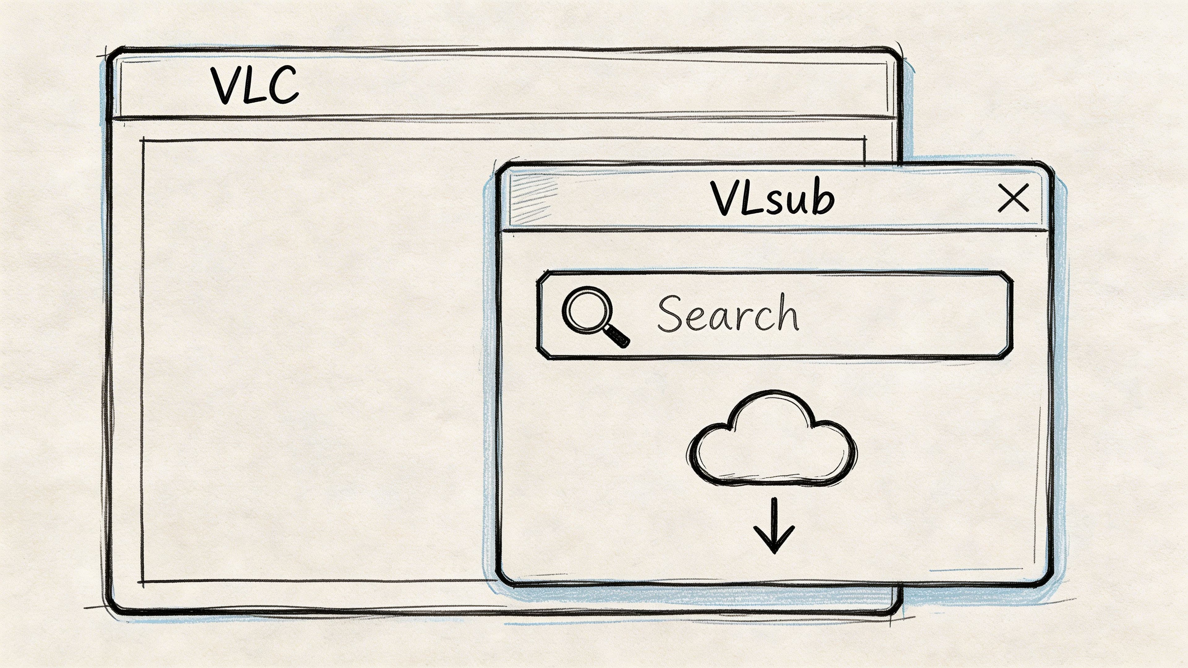 A hand-drawn sketch illustration of a VLC media player window with an open VLsub subtitle downloader popup.