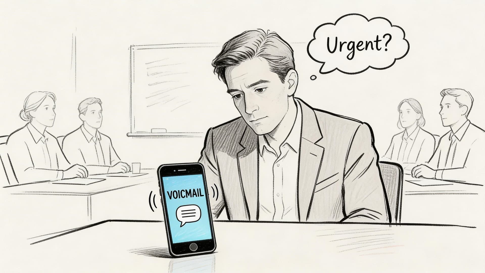 A professional man at a meeting looking at his smartphone showing a new voicemail notification