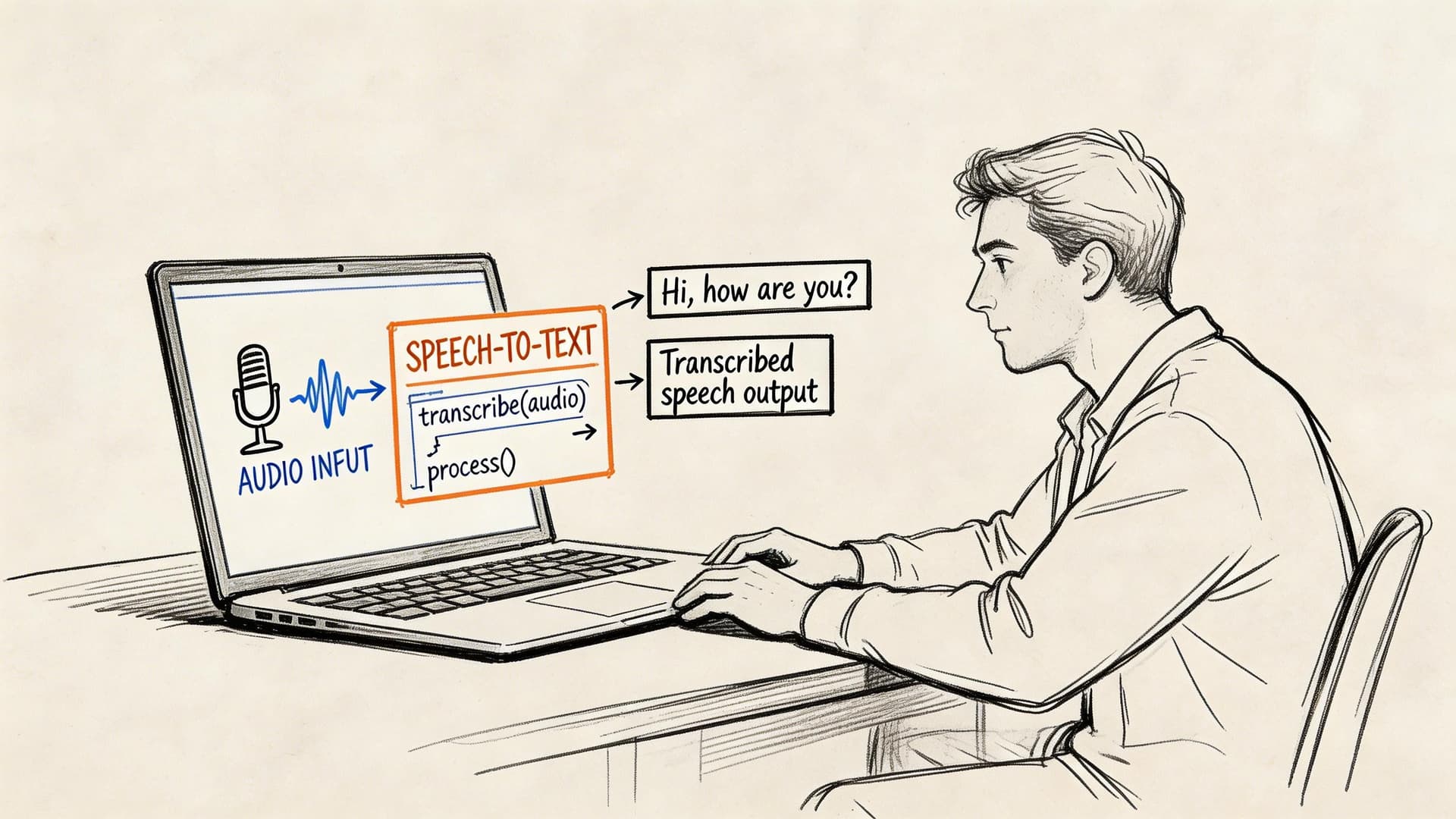A person using a laptop to illustrate the speech-to-text transcription process with audio input.