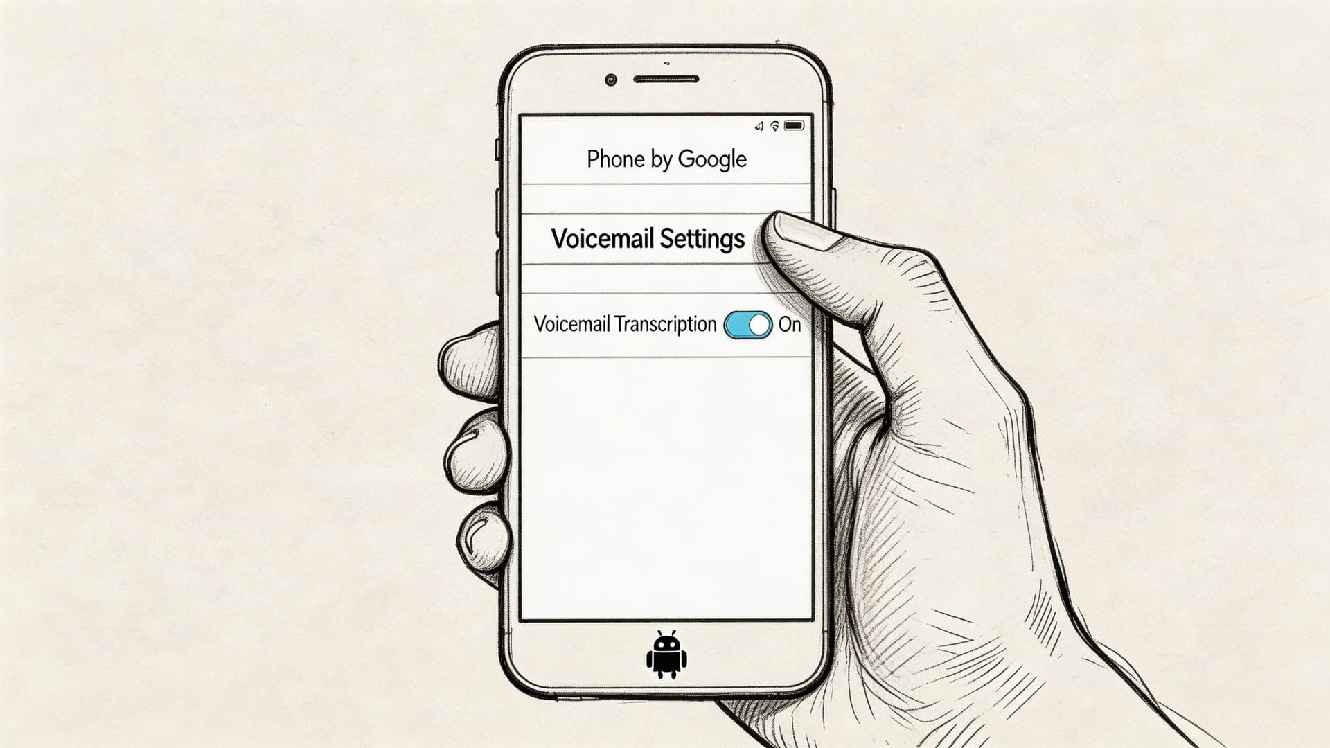 A hand holding a smartphone displaying the Phone by Google voicemail transcription settings screen.