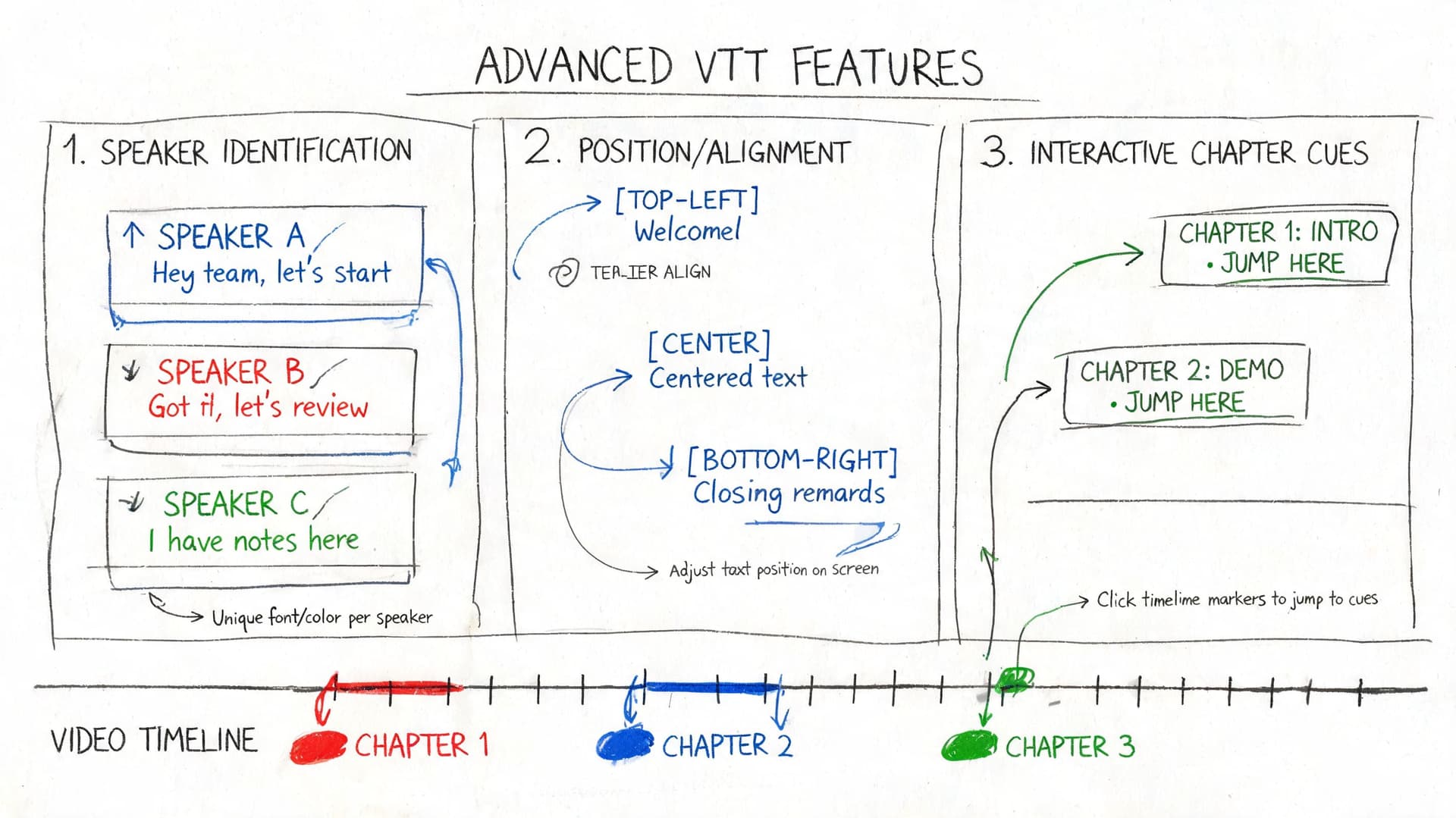 A hand-drawn infographic titled Advanced VTT Features, illustrating speaker identification, text alignment, and interactive chapter cues.