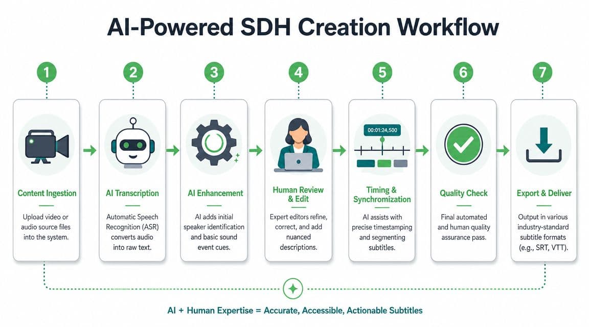 A diagram illustrating the seven-step workflow for creating AI-powered SDH subtitles, from content ingestion to delivery.
