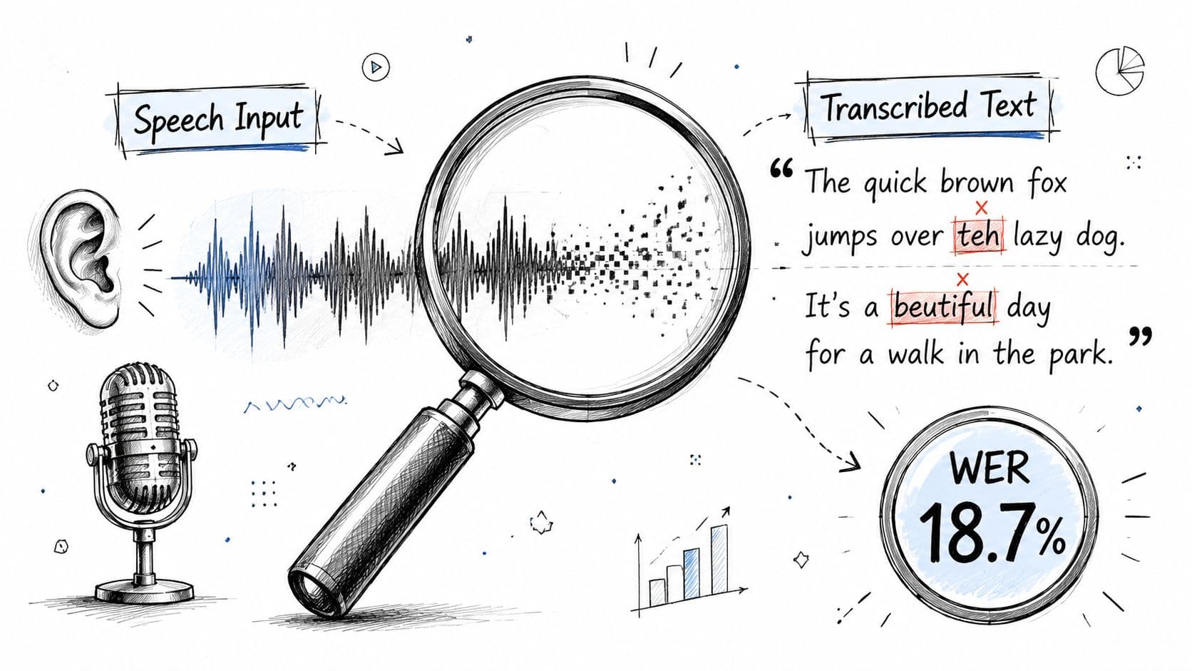 A hand-drawn illustration showing speech input being processed into transcribed text with a word error rate calculation.