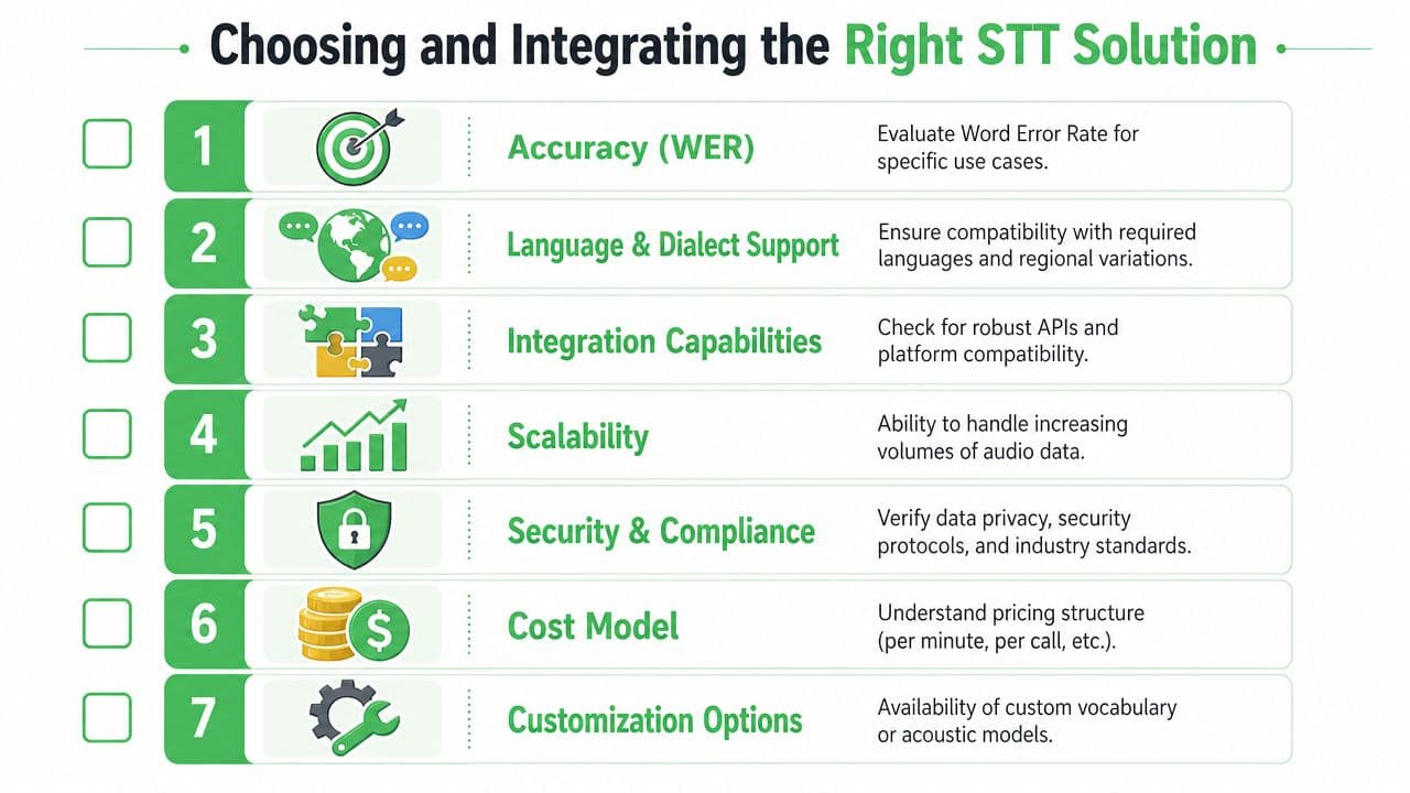A checklist infographic outlining seven key factors to consider when choosing a speech-to-text solution.