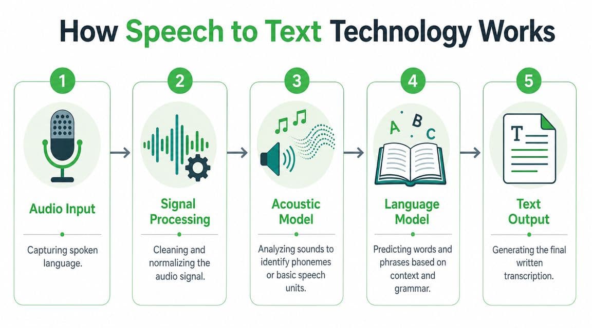 A five-step flowchart illustrating how speech to text technology converts spoken audio into written text.