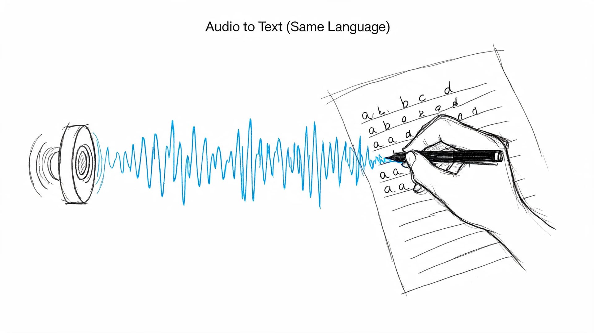 A hand drawing a sound wave translating into written text on a paper sheet.