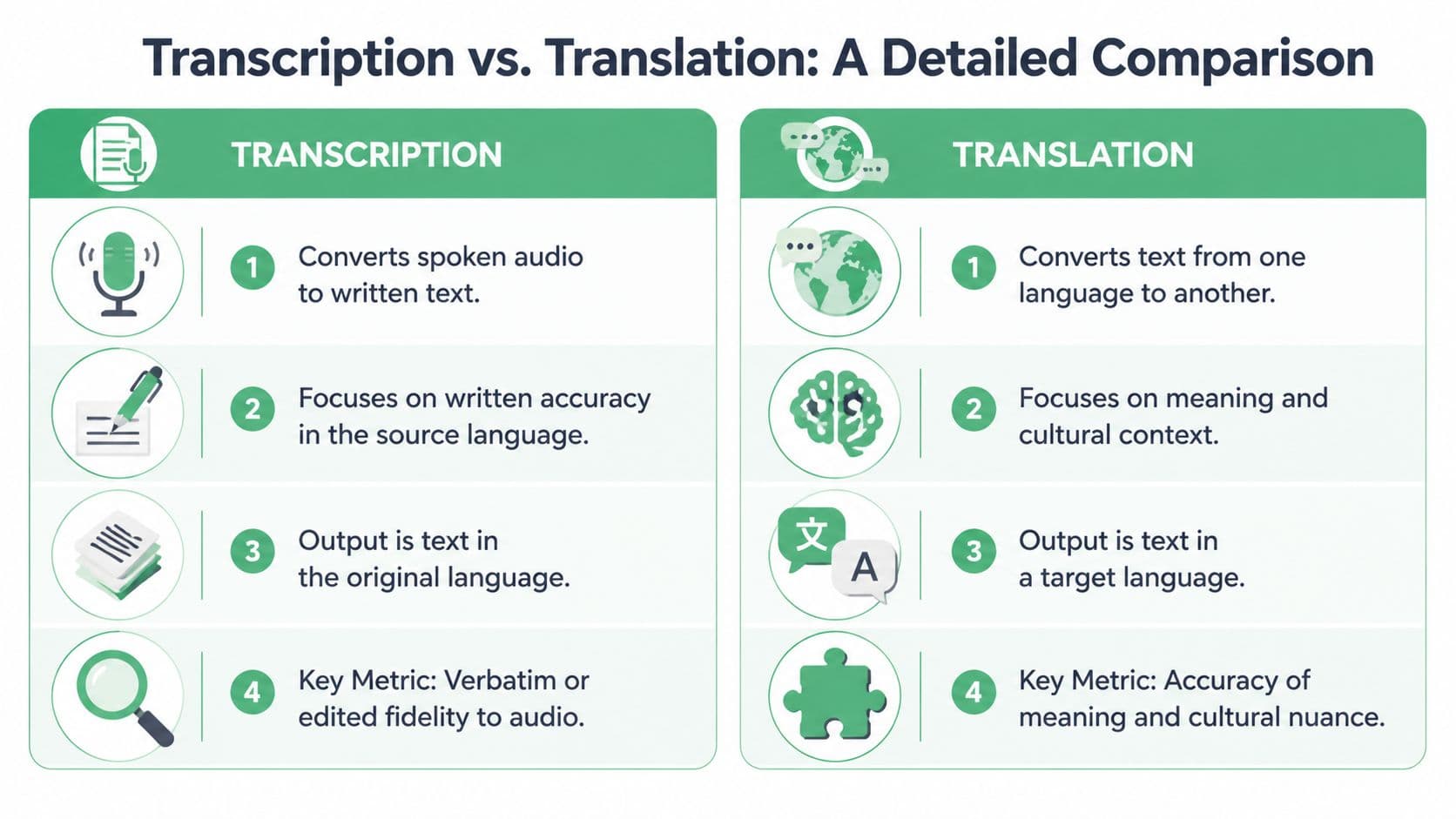 A comparison chart outlining the four main differences between transcription and translation for language services.