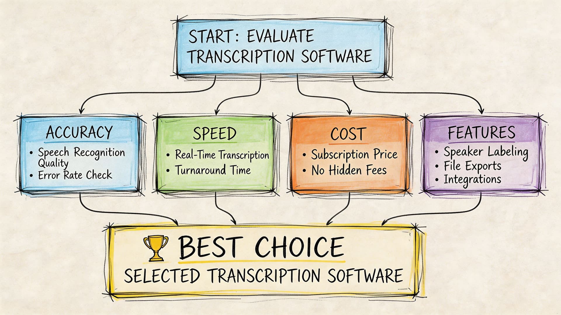 A diagram outlining the evaluation process for choosing the best transcription software based on key performance factors.