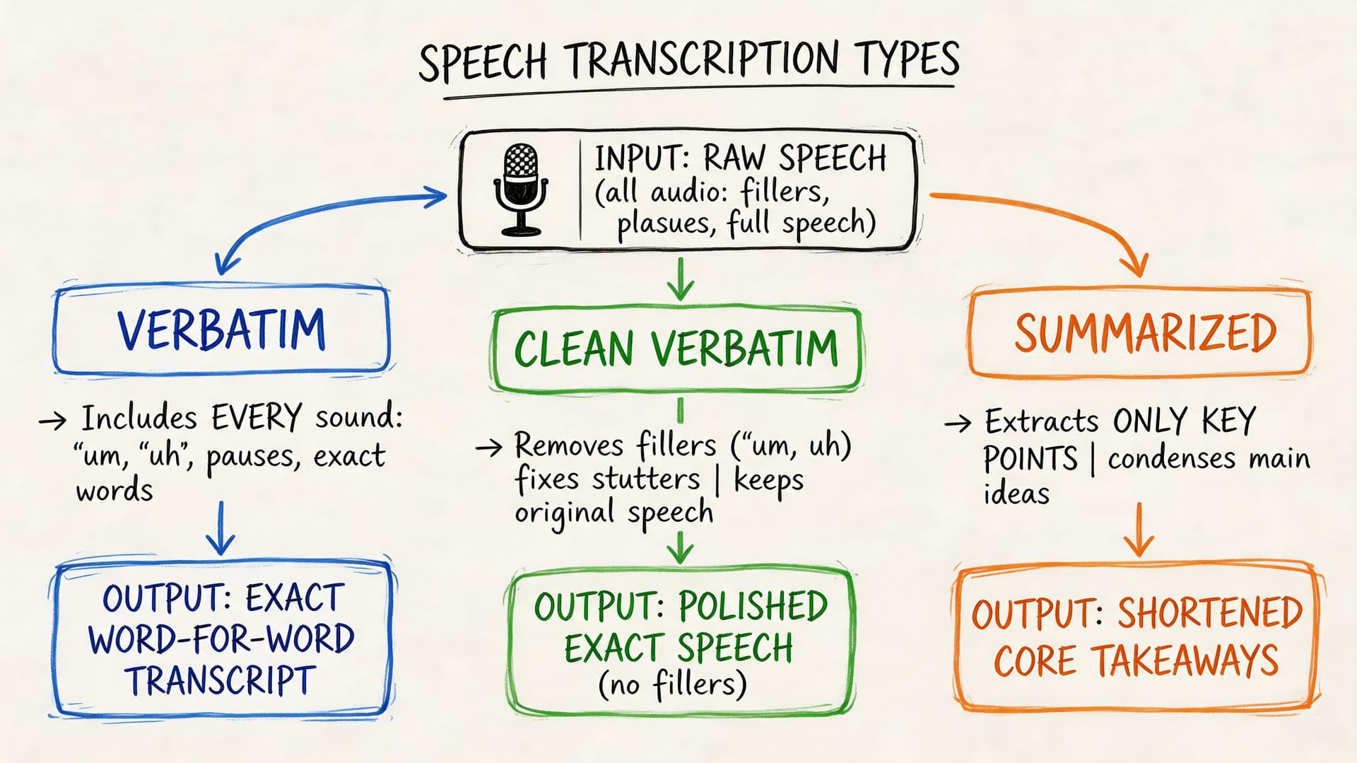 A diagram illustrating three types of speech transcription: verbatim, clean verbatim, and summarized for better understanding.