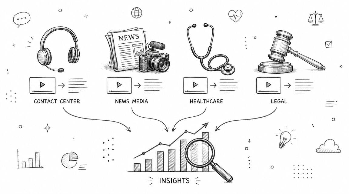 A hand-drawn illustration showing how video transcription from various industries leads to data-driven business insights.