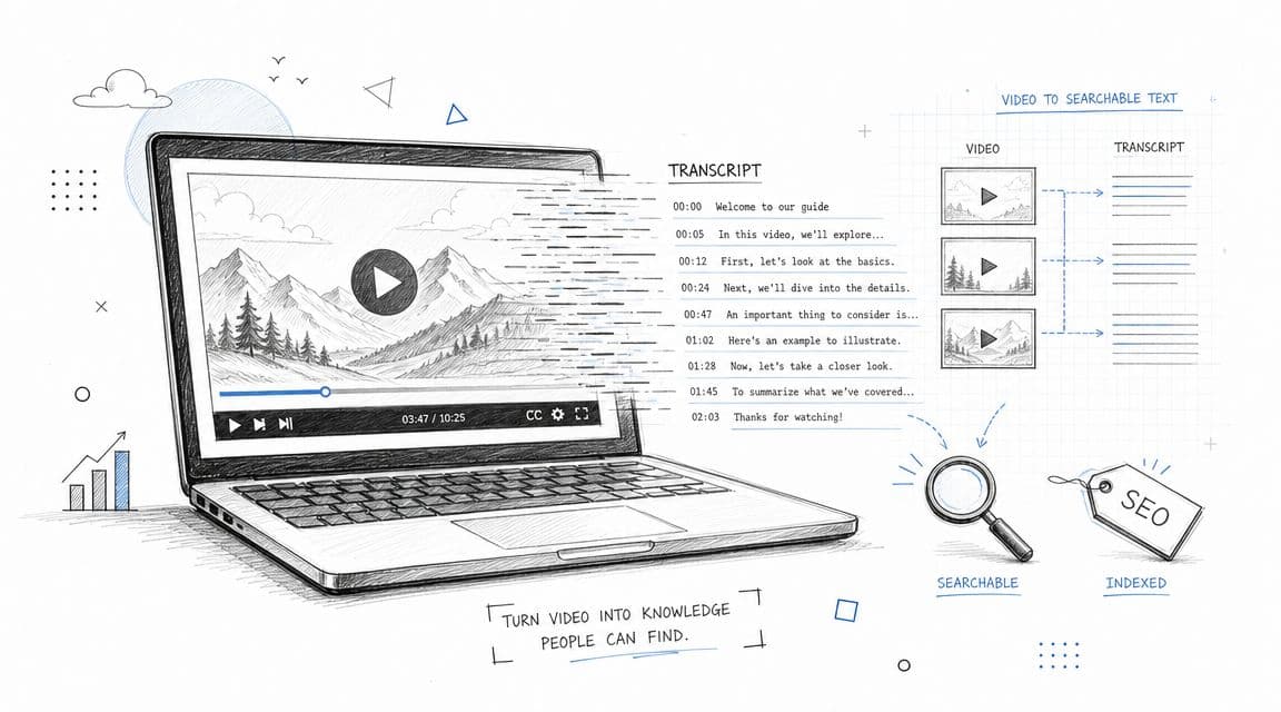 A hand-drawn illustration showing how video content is converted into searchable text transcripts for better SEO.