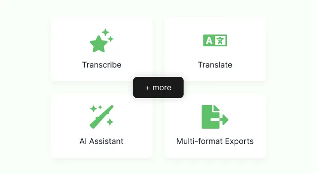 Transcribe, translate, AI assistant and multi-format exports offered as four tiles, with more behind them