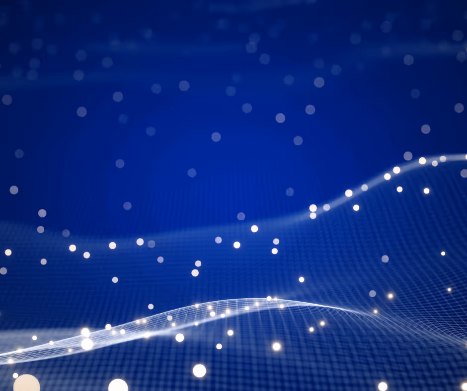 Illustration of a glowing white soundwave over a blue digital grid dotted with light