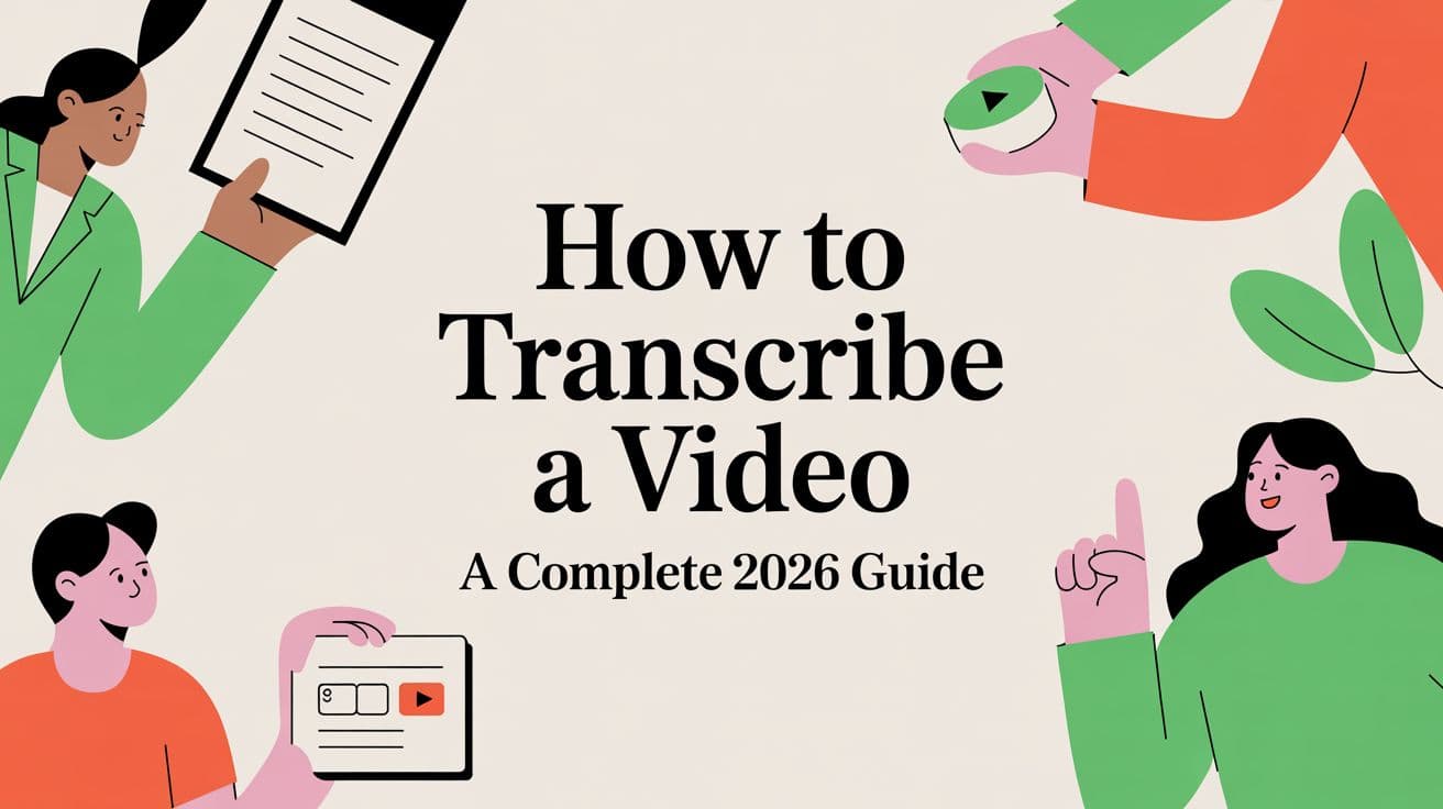 Title card framed by illustrated people in green and coral holding a clipboard and a video thumbnail