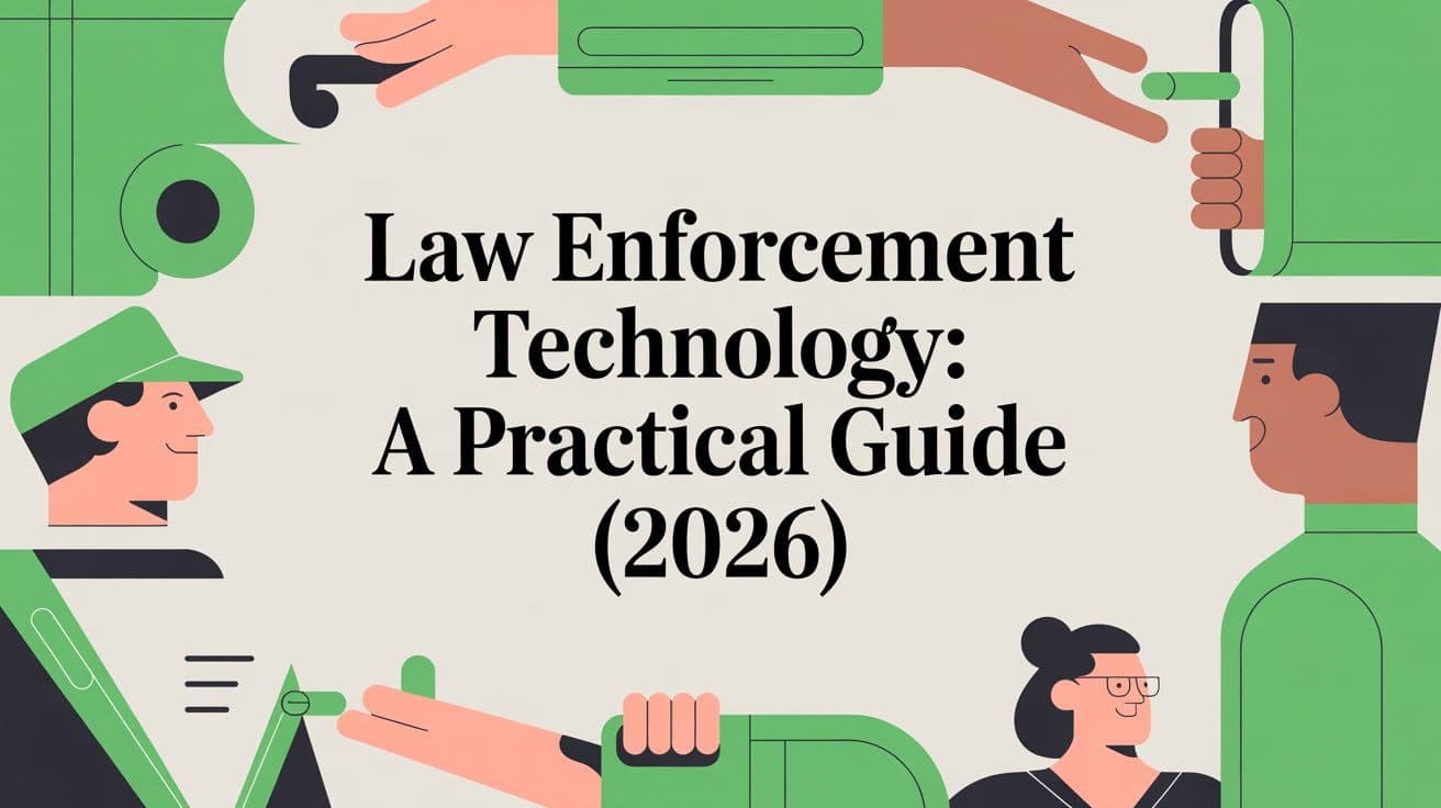 Title card framed by illustrated officers in green caps and hands holding equipment, in green and coral