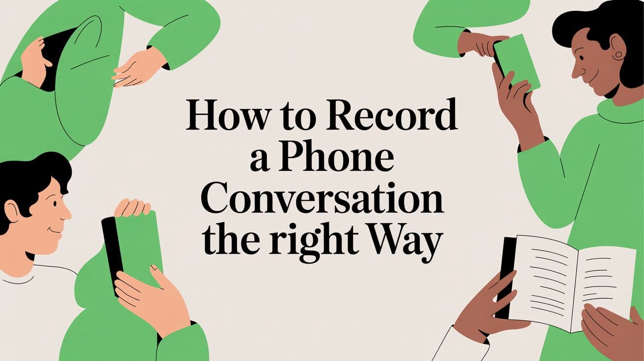 Flat illustration of four people holding phones and a notebook around the article title on a cream background.