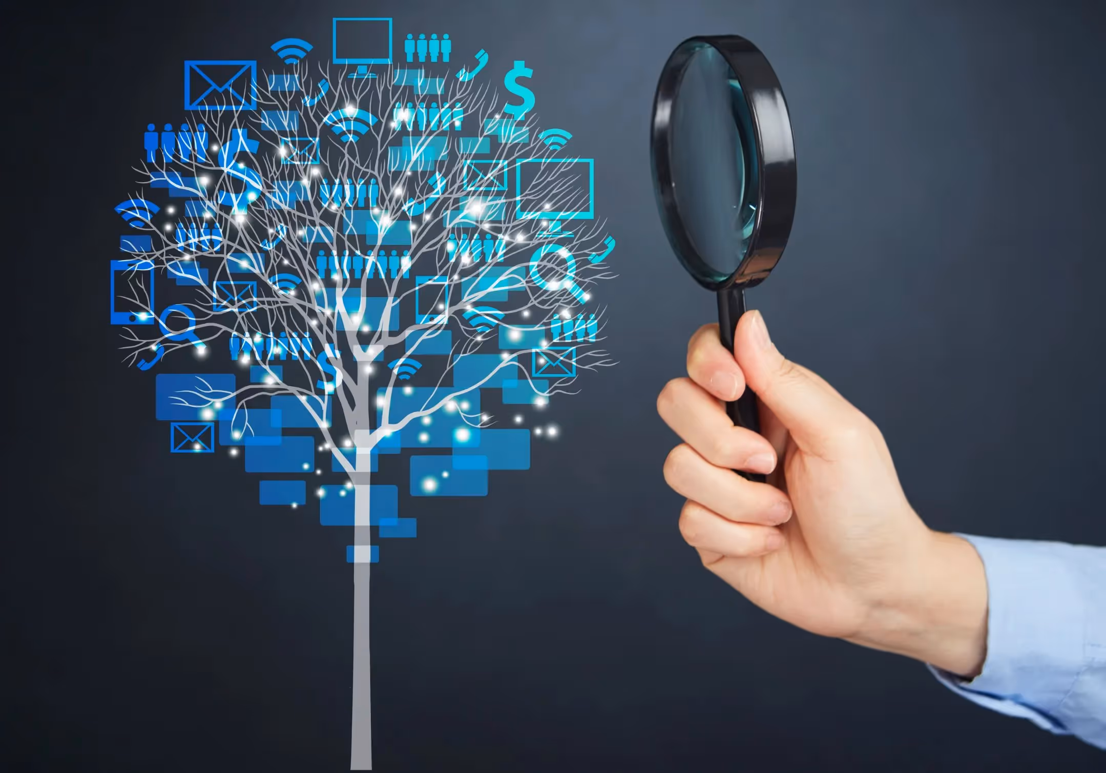 A hand holds a magnifying glass beside a tree whose branches are made of blue media icons