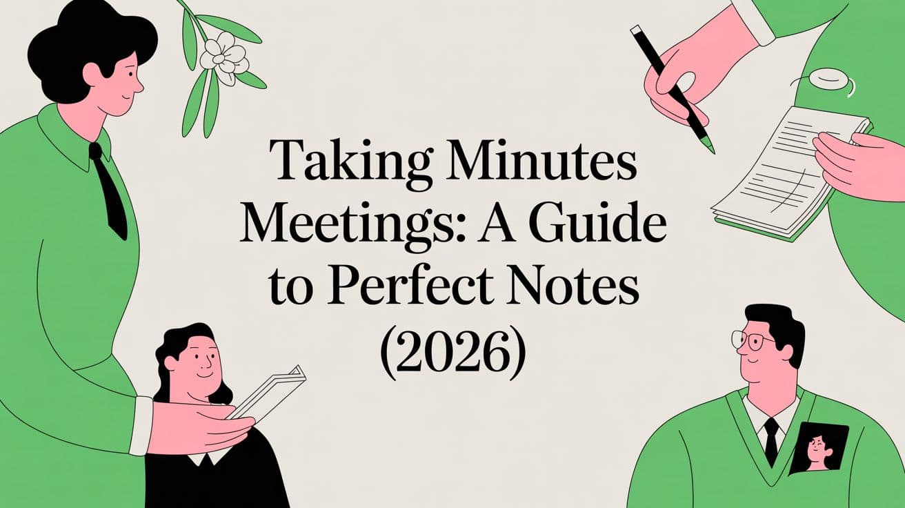 Title card surrounded by illustrated people in green taking notes, one hand writing with a pencil on a pad