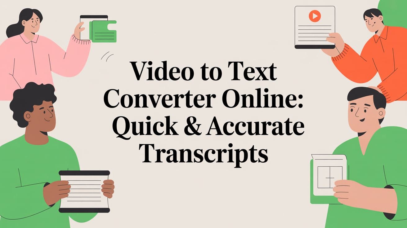 Illustration of four people holding transcript pages and a video player around the article title