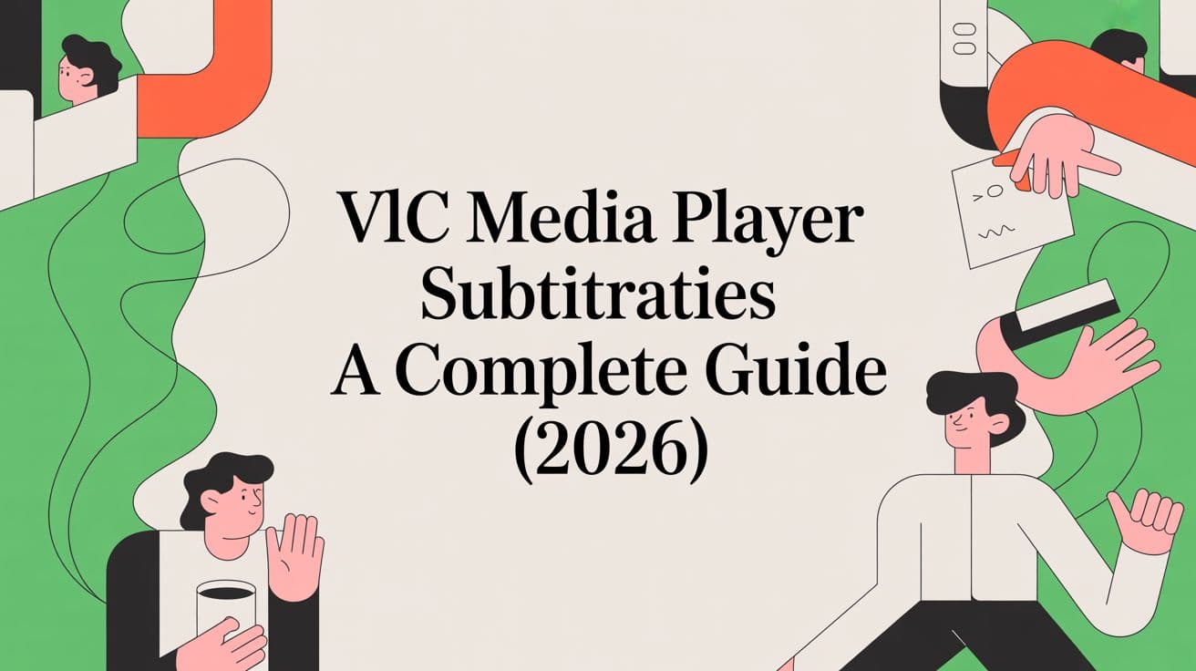 Flat illustration of cartoon figures gesturing around a title card on a cream and green background
