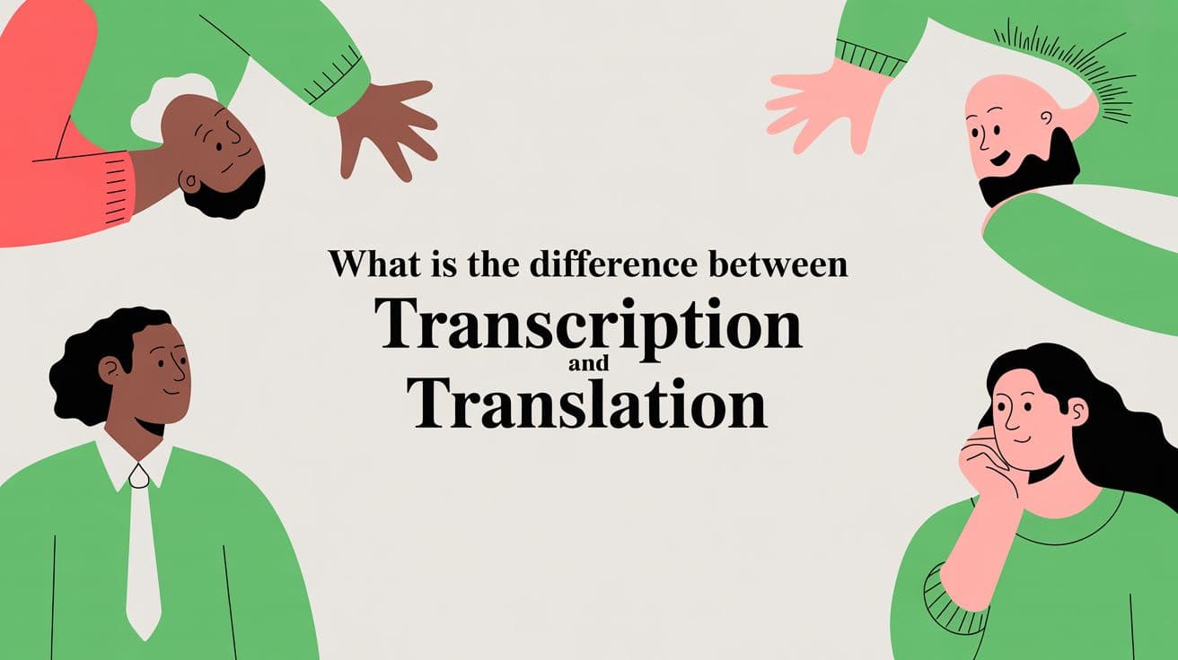 Illustration of four people around the words Transcription and Translation on a cream background