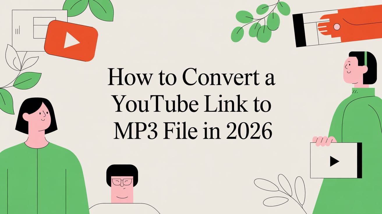 Illustrated title card with flat-style figures holding YouTube play-button cards around the article title